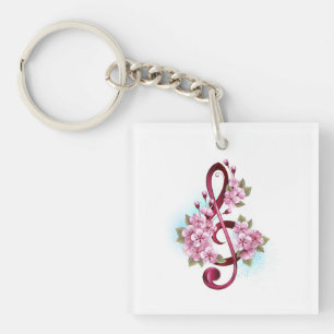 Porte-clefs Musical treble clef notes with sakura flowers