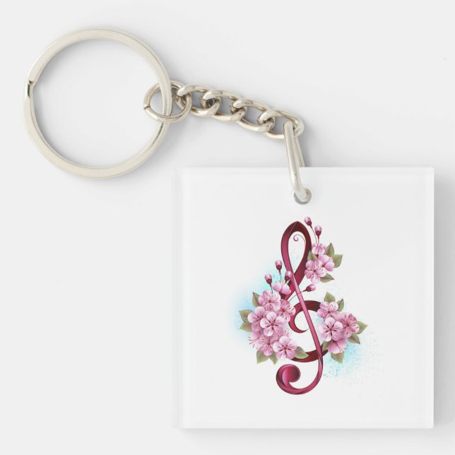 Porte-clefs Musical treble clef notes with sakura flowers (Devant)
