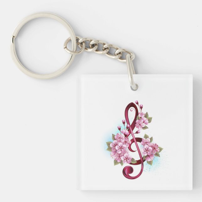 Porte-clefs Musical treble clef notes with sakura flowers (Devant)