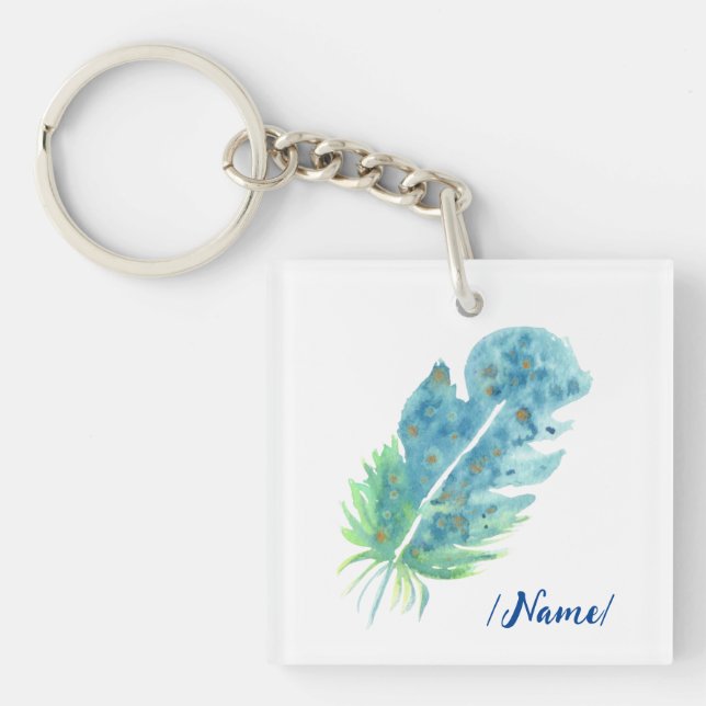 Porte-clefs Naissance Plumes bleues cadeau de vacances (Devant)