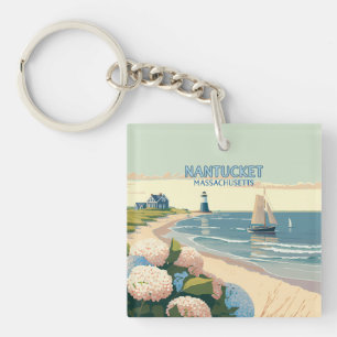 Porte-clefs Nantucket Beach Hydrangeas Lighthouse Rétro