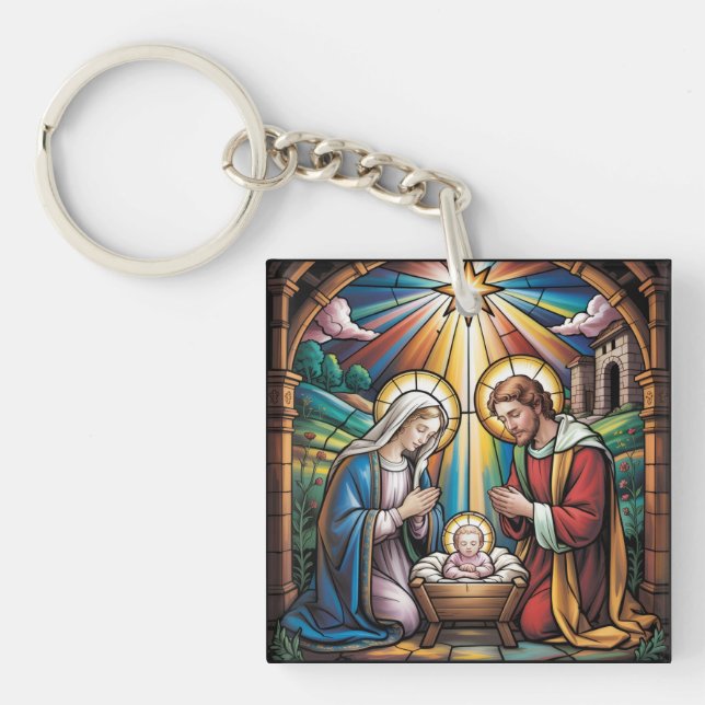 Porte-clefs Nativity Stained Glass Art – Holy Family Christmas (Devant)