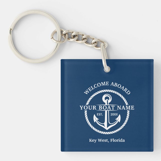 Porte-clefs Nautical Navy Blue Welcome Aboard Nom du bateau An (Devant)