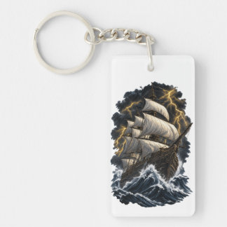 Porte-clefs Navire galion épique dans une tempête nautique vin