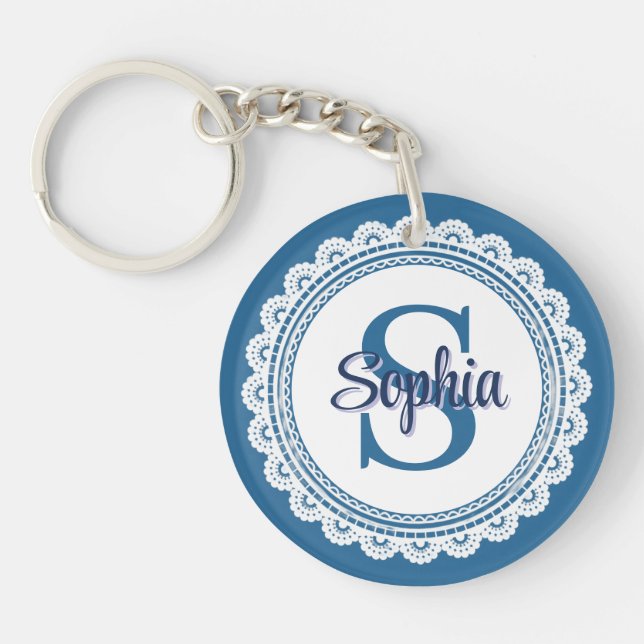 Porte-clefs Navy bleu élégant Monogramme Nom Blanc Broderie (Devant)