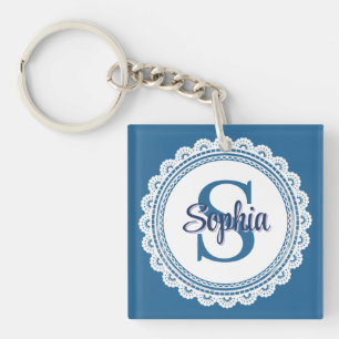 Porte-clefs Navy Blue Élégant Blanc Broderie Monogramme Nom