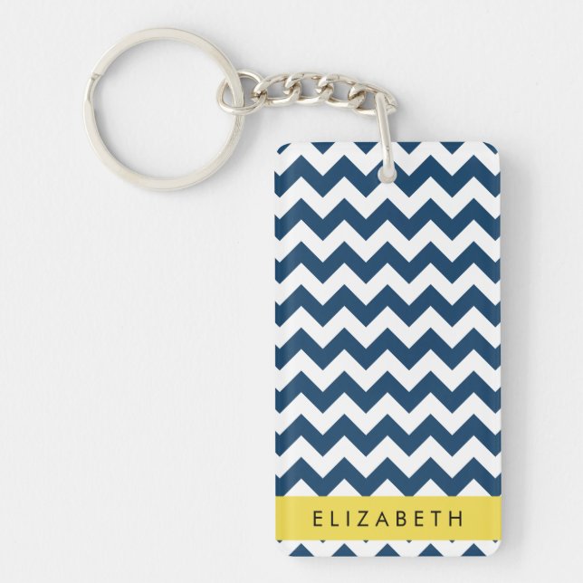 Porte-clefs Navy Blue Zigzag, Navy Blue Chevron, Votre nom (Devant)