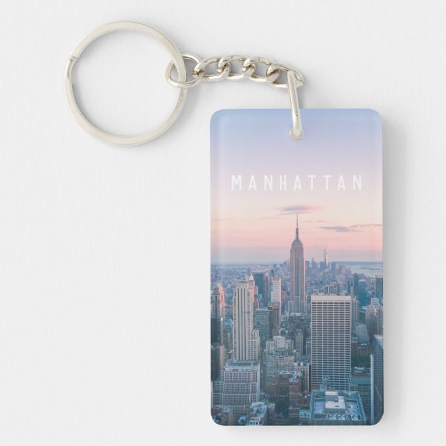 Porte-clefs New York Manhattan Texte rose bleu Skyline Sunset (Devant)