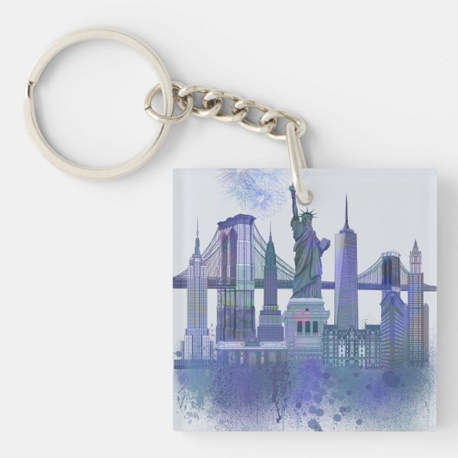 Porte-clefs New York Skyline - Aquarelle bleue (Devant)