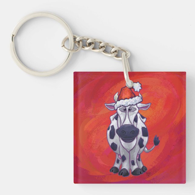 Porte-clefs Noël de la vache sur rouge (Devant)