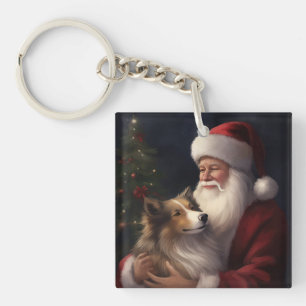 Porte-clefs Noël festif de Shetland Sheepdog Père Noël