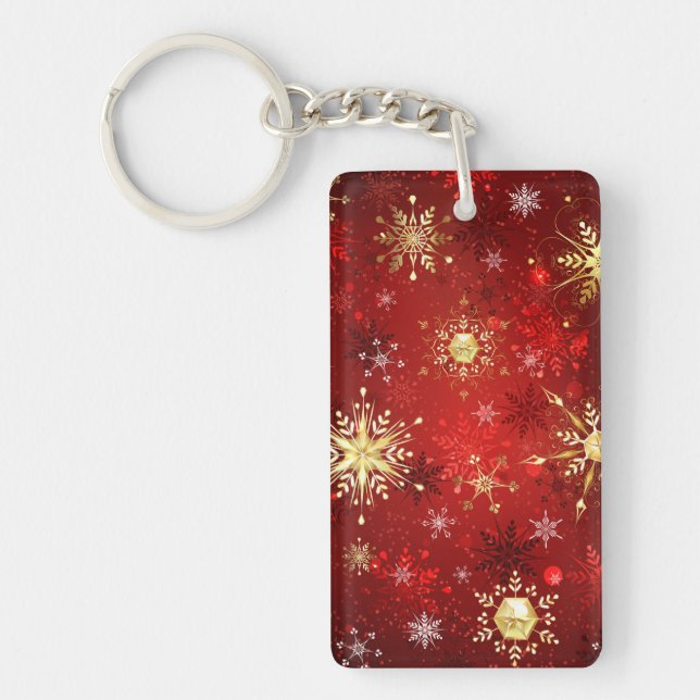 Porte-clefs Noël Golden Snowflakes sur Arrière - plan rouge (Devant)