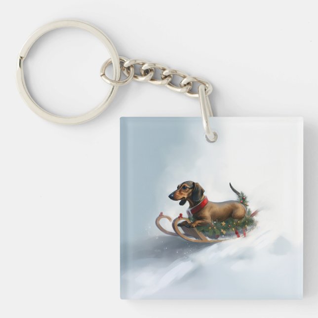 Porte-clefs Noël teckel neige hiver (Devant)