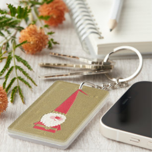 Porte-clefs Noël vintage, joli gnome Père Noël sur fond doré