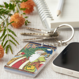Porte-clefs Noël vintage, le Père Noël cerf en forêt