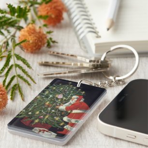 Porte-clefs Noël vintage, Père Noël avec cadeaux