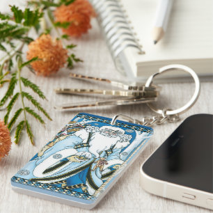 Porte-clefs Noël vintage, Père Noël bleu avec boule à neige