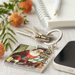 Porte-clefs Noël vintage, Père Noël rétro avec cadeaux