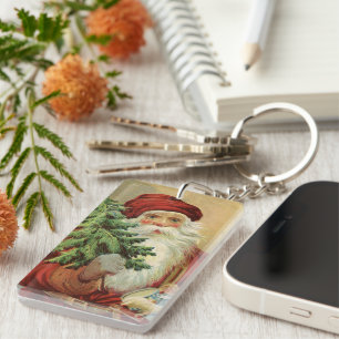 Porte-clefs Noël vintage, Père Noël victorien avec arbre