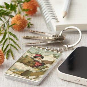 Porte-clefs Noël vintage, Père Noël victorien dans un traîneau