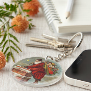 Porte-clefs Noël vintage victorien Saint Nicolas sur le toit