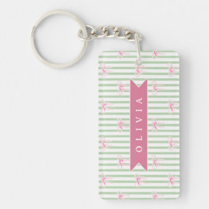 Porte-clefs Nœud Rose Personnalisé Rayure Verte Coquette Prépa