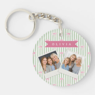 Porte-clefs Nœud Rose Personnalisé Rayure Verte Coquette Prépa