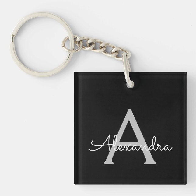 Porte-clefs Noir Argent moderne Script Girl Monogramme Nom (Devant)
