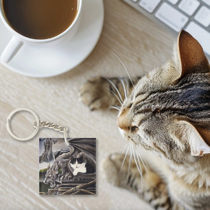 Porte-clefs Noir Blanc Chat Gargoyle Business Logo