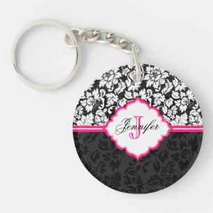 Porte-clefs Noir blanc et rose Vintage Damas florales