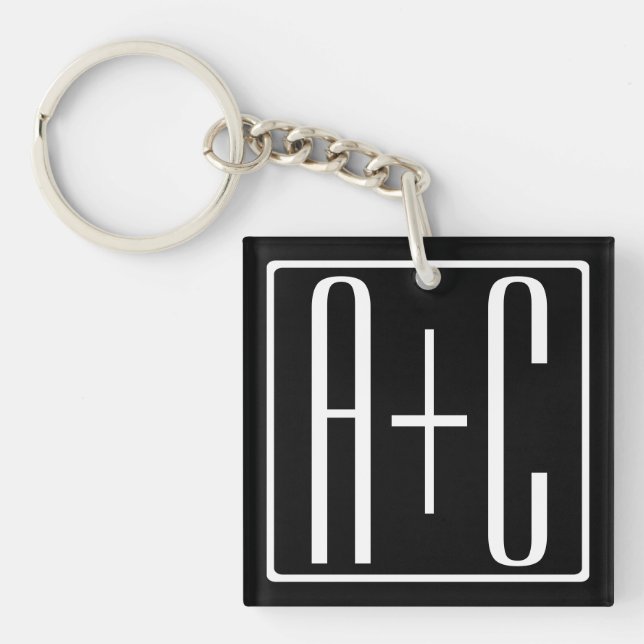 Porte-clefs Noir & Blanc | Initiales de couple (Devant)
