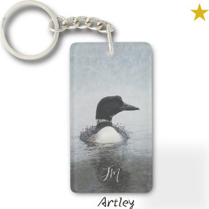 Porte-clefs Noir Blanc Plongeon Oiseau Peinture Nom personnali