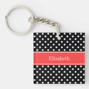 Porte-clefs Noir Blanc Pois Corail Nom Rouge Monogramme