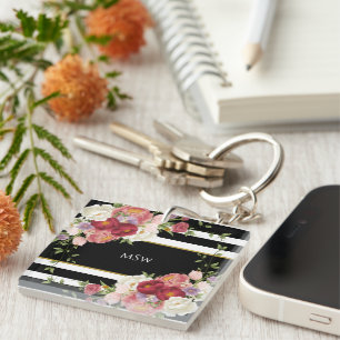 Porte-clefs Noir Blanc rayé Peonies & Or Personnalisé