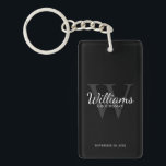 Porte-clefs Noir Groomsmen personnalisé nom et monogramme<br><div class="desc">Ajoutez une touche personnelle à votre mariage avec un porte - clé de toiletteurs personnalisé. Ce porte - clé présente le nom personnalisé du marionnettiste dans le style de police de script classique blanc avec des détails mariages dans le style de police de serif classique blanc et monogramme dans le...</div>