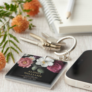 Porte-clefs Noir Luxe Floral Or Personnalisé