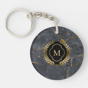 Porte-clefs Noir Marbre Badge Or Monogramme