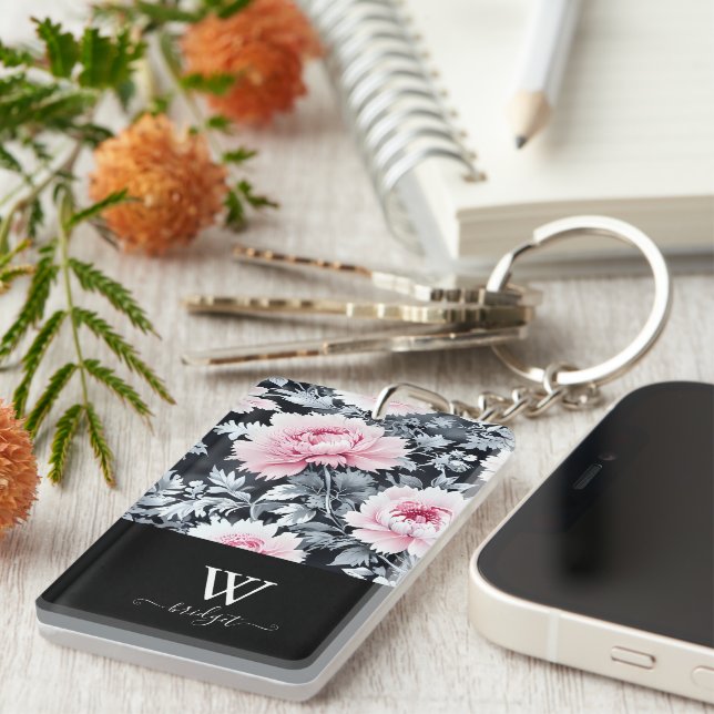Porte-clefs noir & rose élégant Floral moderne (Devant droit)
