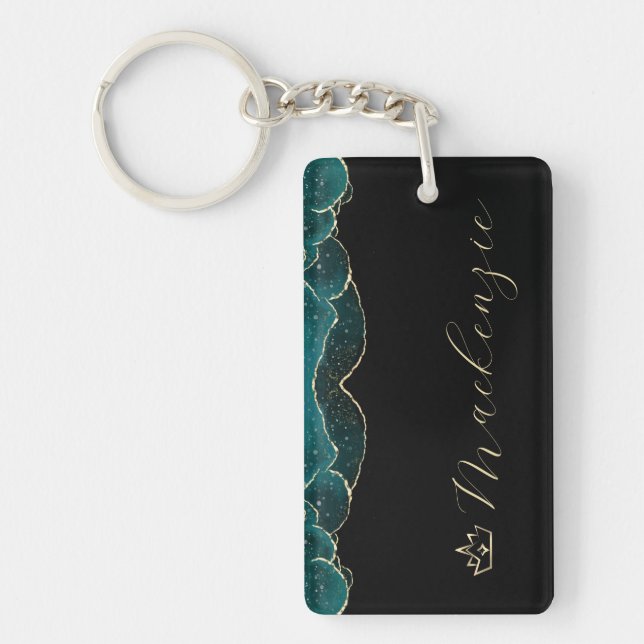 Porte-clefs Noir, sarcelle et or Élégant Script Personnalisé (Devant)