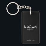 Porte-clefs Noir Script moderne Groomsmen personnalisé<br><div class="desc">Script moderne Porte - clé de Groomsmen personnalisées avec nom de marionnettiste personnalisé en blanc style de police script moderne avec titre et date mariage dans le style de police sans serif moderne sur arrière - plan noir. Aussi parfait pour Maid of Honor, Flower Girl, Mother of the Bride, Groomsmen,...</div>