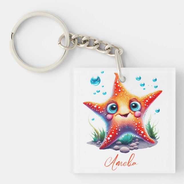 Porte-clefs Nom customisé Souriant Orange Starfish Lover Cadea (Devant)