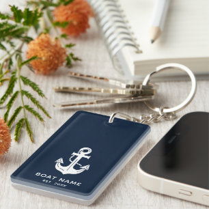 Porte-clefs Nom de bateau bleu marine nautique Ancre