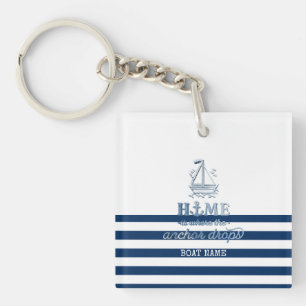 Porte-clefs Nom de bateau nautique, ancre rayée bleu marine