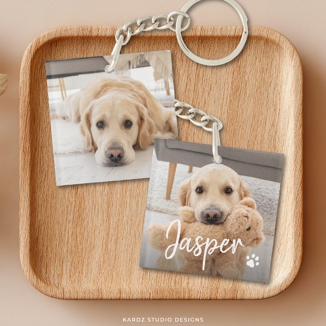 Porte-clefs Nom de compagnie mignon moderne pour animal de com (Squared acrylic keychain shown, personalize with two photos and your pet's name.)