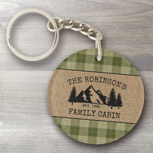 Porte-clefs Nom de famille Cabine Arbres Sage Plaid Burlap 2 c