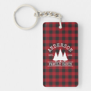 Porte-clefs Nom de famille cabine Red Buffalo Plaid Acrylique