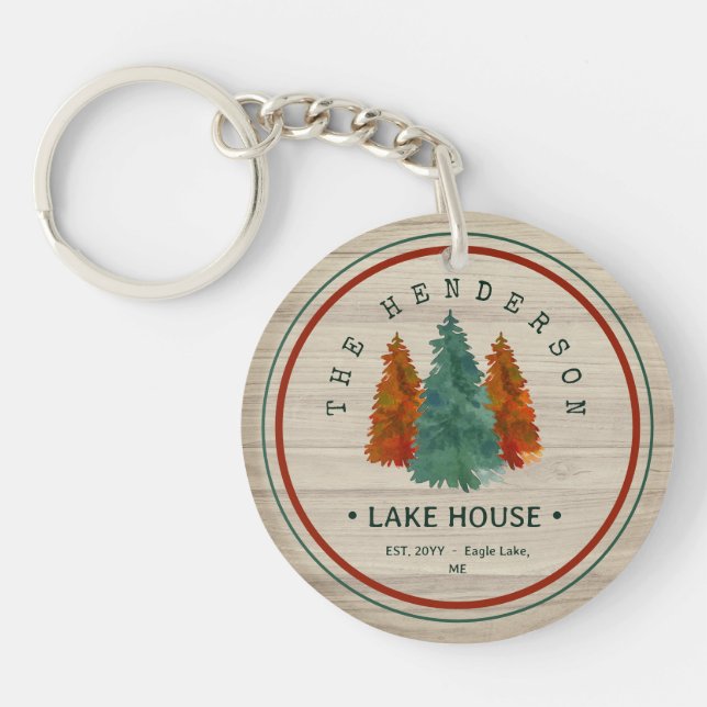 Porte-clefs Nom de famille Lake House Pine Tree bois Personnal (Devant)