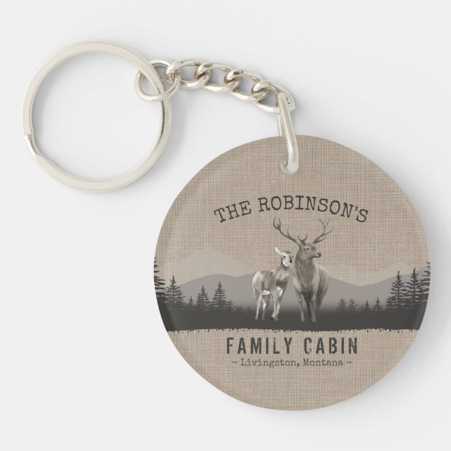 Porte-clefs Nom de la famille Cabine Deer Pine Tree Forest Bur (Devant)