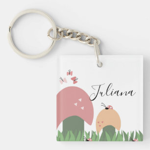 Porte-clefs Nom de script de coccinelles, papillons et champig