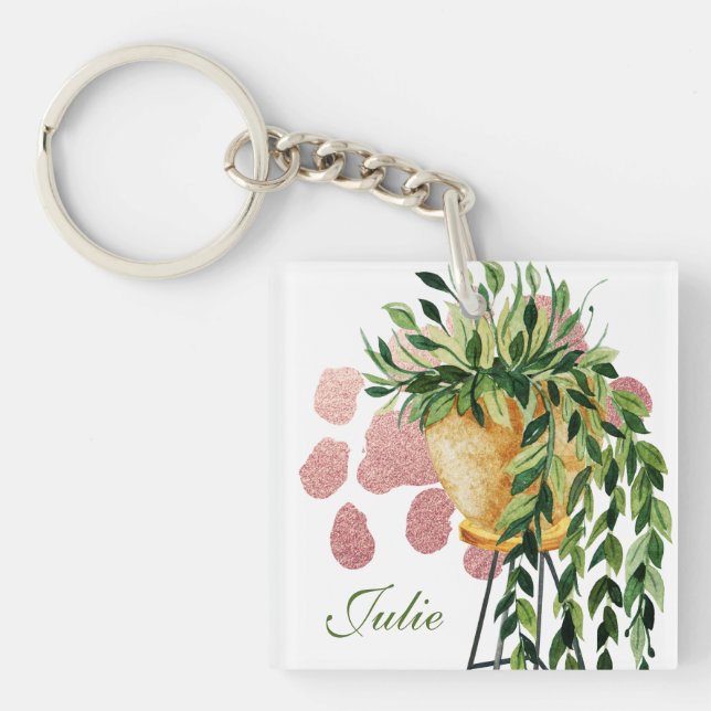 Porte-clefs Nom de script de plante de pothos à l'aquarelle  (Devant)
